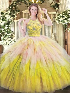 Sleeveless Tulle Floor Length Zipper Ball Gown Prom Dress in Multi-color with Beading and Ruffles