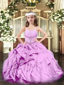 Latest Lilac Organza Lace Up Straps Sleeveless Floor Length Pageant Dress for Girls Beading and Ruffles
