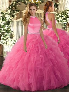 On Sale Hot Pink Halter Top Backless Beading and Ruffles Sweet 16 Dresses Sleeveless