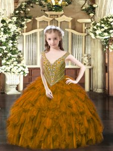 Floor Length Brown High School Pageant Dress Organza Sleeveless Beading and Ruffles