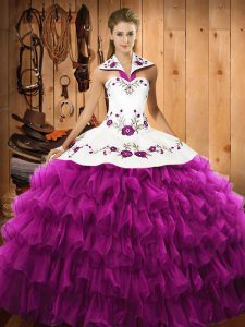 On Sale Fuchsia Ball Gowns Satin and Organza Halter Top Sleeveless Embroidery and Ruffled Layers Floor Length Lace Up 15 Quinceanera Dress