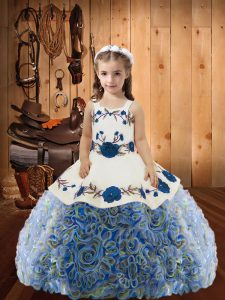 Straps Sleeveless Fabric With Rolling Flowers Pageant Gowns Embroidery and Ruffles Lace Up
