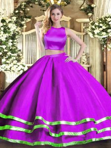 Sophisticated Two Pieces Quince Ball Gowns Purple High-neck Tulle Sleeveless Floor Length Criss Cross