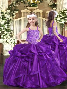 Purple Ball Gowns Organza Straps Sleeveless Beading and Ruffles Floor Length Lace Up Pageant Dress Wholesale