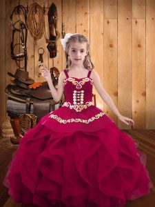 Simple Fuchsia Organza Lace Up Little Girl Pageant Dress Sleeveless Floor Length Embroidery and Ruffles