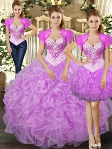 Lilac Sleeveless Floor Length Beading and Ruffles Lace Up Sweet 16 Dresses