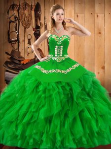 Elegant Satin and Organza Sweetheart Sleeveless Lace Up Embroidery and Ruffles 15th Birthday Dress in Green