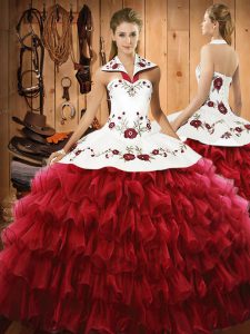 Wine Red Ball Gowns Satin and Organza Halter Top Sleeveless Embroidery and Ruffled Layers Floor Length Lace Up Quinceanera Dresses