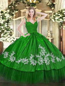 Ball Gowns Quinceanera Dress Green V-neck Taffeta Sleeveless Floor Length Zipper