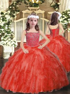 Coral Red Sleeveless Organza Lace Up Pageant Dress for Sweet 16 and Quinceanera