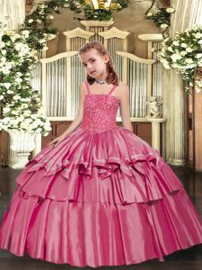 Luxurious Rose Pink Sleeveless Floor Length Beading and Ruffled Layers Lace Up High School Pageant Dress