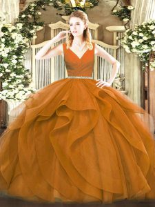 New Style Brown Ball Gowns Tulle V-neck Sleeveless Beading and Ruffles Floor Length Zipper Sweet 16 Dress