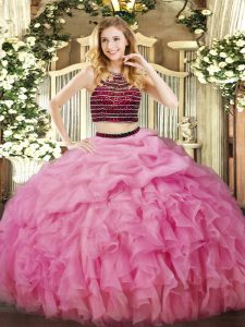 Classical Beading and Ruffles 15 Quinceanera Dress Rose Pink Zipper Sleeveless Floor Length