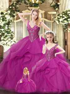 Best Floor Length Fuchsia Sweet 16 Dress Straps Sleeveless Lace Up