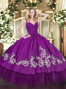 Wonderful Floor Length Fuchsia Quinceanera Gown Taffeta Sleeveless Beading and Lace and Appliques