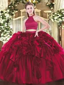 Hot Selling Fuchsia Ball Gowns Organza Halter Top Sleeveless Beading and Ruffles Floor Length Backless Quinceanera Gown