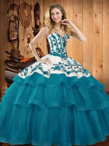 Sleeveless Sweep Train Embroidery Lace Up Quinceanera Gowns