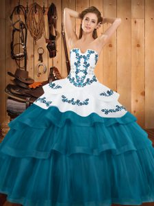 Sleeveless Sweep Train Embroidery and Ruffled Layers Lace Up Quinceanera Dresses