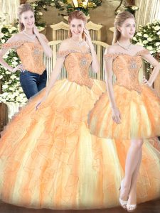 Fitting Gold Ball Gowns Ruffles Sweet 16 Dress Lace Up Organza Sleeveless Floor Length