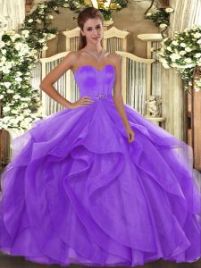 Floor Length Lace Up Vestidos de Quinceanera Lavender for Military Ball and Sweet 16 and Quinceanera with Beading and Ruffles