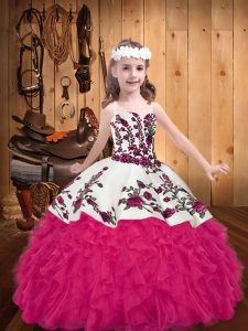 Beautiful Hot Pink Organza Lace Up Pageant Dress for Womens Sleeveless Floor Length Embroidery and Ruffles