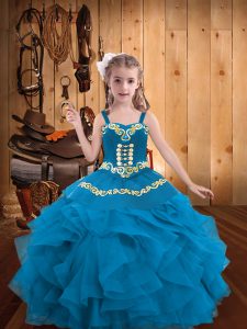 Straps Sleeveless Pageant Dress for Girls Floor Length Embroidery and Ruffles Blue Organza