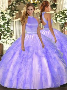 Elegant Lavender Halter Top Backless Beading and Ruffles Quinceanera Dresses Sleeveless