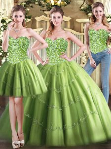 Traditional Olive Green Tulle Lace Up Sweetheart Sleeveless Floor Length Quinceanera Gown Beading