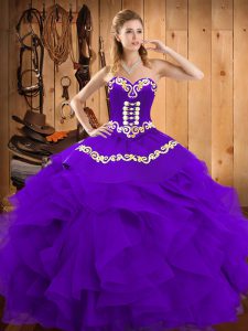 Purple Satin and Organza Lace Up Sweetheart Sleeveless Floor Length Ball Gown Prom Dress Embroidery and Ruffles