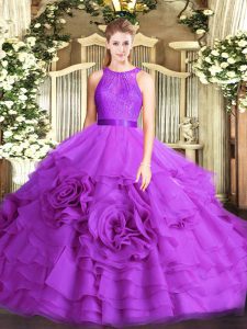Low Price Eggplant Purple Ball Gowns Scoop Sleeveless Fabric With Rolling Flowers Floor Length Lace Up Lace Quinceanera Gown