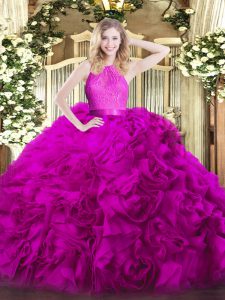 Custom Designed Floor Length Zipper Vestidos de Quinceanera Fuchsia for Military Ball and Sweet 16 and Quinceanera with Lace
