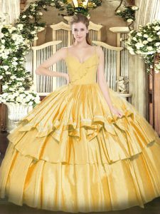 Vintage Floor Length Gold Quinceanera Dress Taffeta Sleeveless Ruffled Layers