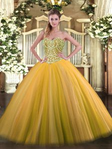 Glamorous Gold Ball Gowns Sweetheart Sleeveless Tulle Floor Length Lace Up Beading Quinceanera Gown