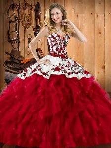 Sweetheart Sleeveless Satin and Organza 15th Birthday Dress Embroidery and Ruffles Lace Up