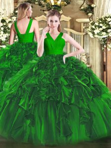 Fantastic Ruffles 15th Birthday Dress Dark Green Zipper Sleeveless Floor Length