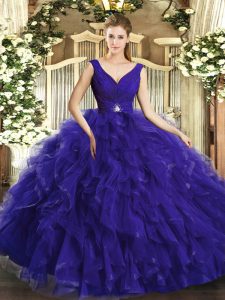 Organza V-neck Sleeveless Backless Beading and Ruffles Quince Ball Gowns in Purple