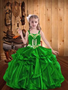 Green Organza Lace Up Straps Sleeveless Floor Length High School Pageant Dress Embroidery and Ruffles