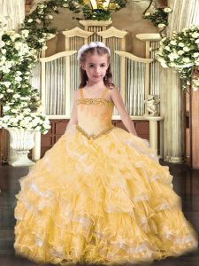 Amazing Straps Sleeveless Pageant Dress for Teens Floor Length Appliques and Ruffled Layers Gold Organza