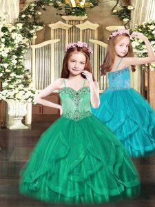 Spaghetti Straps Sleeveless Tulle Pageant Dresses Beading and Ruffles Lace Up