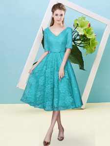 Suitable Teal Half Sleeves Tea Length Bowknot Lace Up Court Dresses for Sweet 16