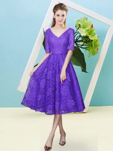 Tea Length Purple Quinceanera Dama Dress V-neck Half Sleeves Lace Up