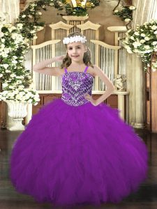 Purple Lace Up Straps Beading and Ruffles Pageant Dress Tulle Sleeveless