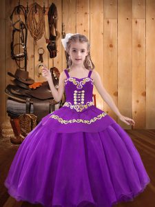 Eggplant Purple Ball Gowns Organza Straps Sleeveless Ruffles Floor Length Lace Up Little Girl Pageant Gowns