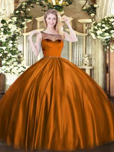 Brown Ball Gowns Satin Scoop Sleeveless Beading Floor Length Zipper Quinceanera Dress