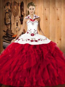 Floor Length Lace Up Sweet 16 Dresses Red for Military Ball and Sweet 16 and Quinceanera with Embroidery and Ruffles