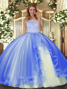 Floor Length Clasp Handle Quinceanera Gowns Blue for Military Ball and Sweet 16 and Quinceanera with Lace and Ruffles