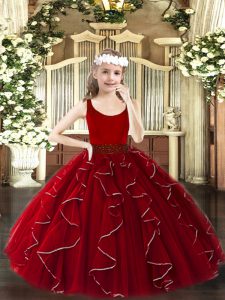 Glorious Wine Red Organza Zipper Pageant Dress Sleeveless Floor Length Beading and Ruffles