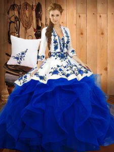 Custom Design Embroidery Quinceanera Dress Blue Lace Up Sleeveless Floor Length