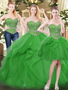 Floor Length Lace Up Quinceanera Dresses Green for Military Ball and Sweet 16 and Quinceanera with Beading and Ruffles