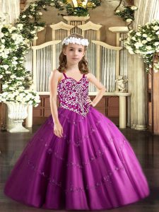 Stunning Fuchsia Lace Up Little Girl Pageant Dress Beading and Appliques Sleeveless Floor Length